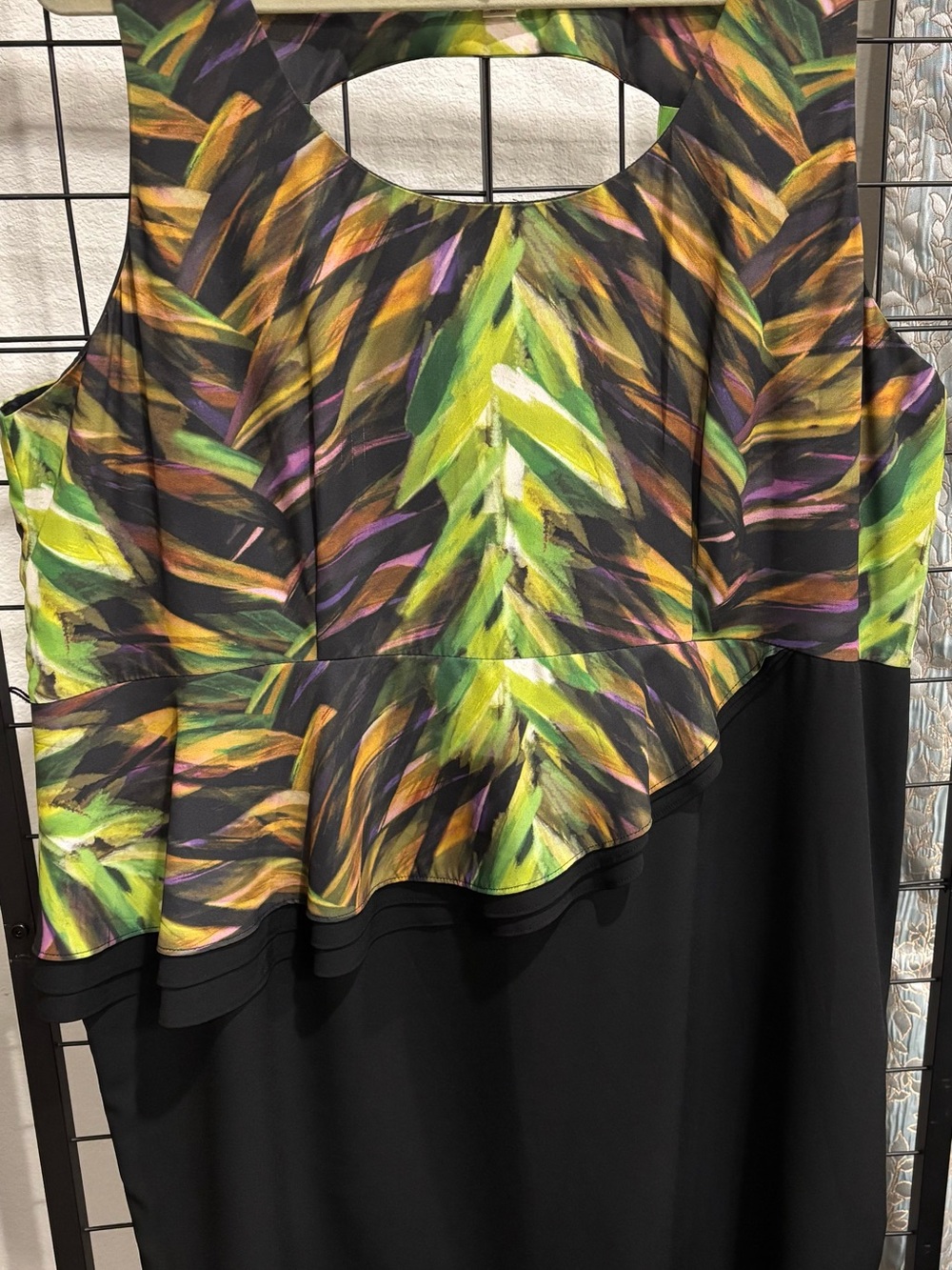 Lane Bryant Black Dress with Green, Yellow & Purple Abstract Print Peplum